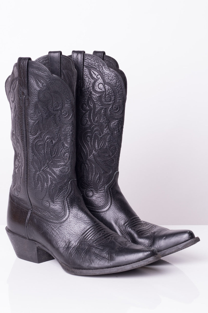 Black Leather Embroidered Cowboy Boots (9.5B)