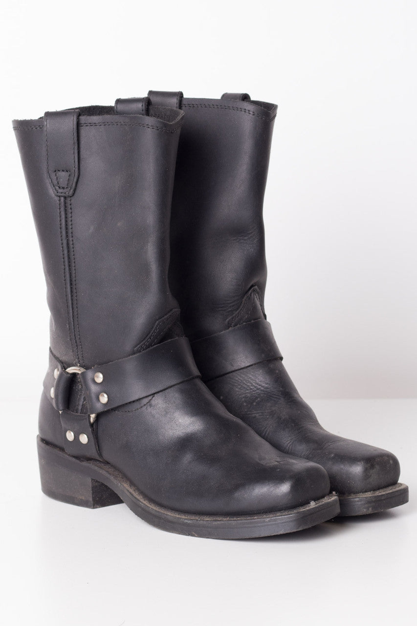 Belted Black Leather Cowboy Boots (8M)