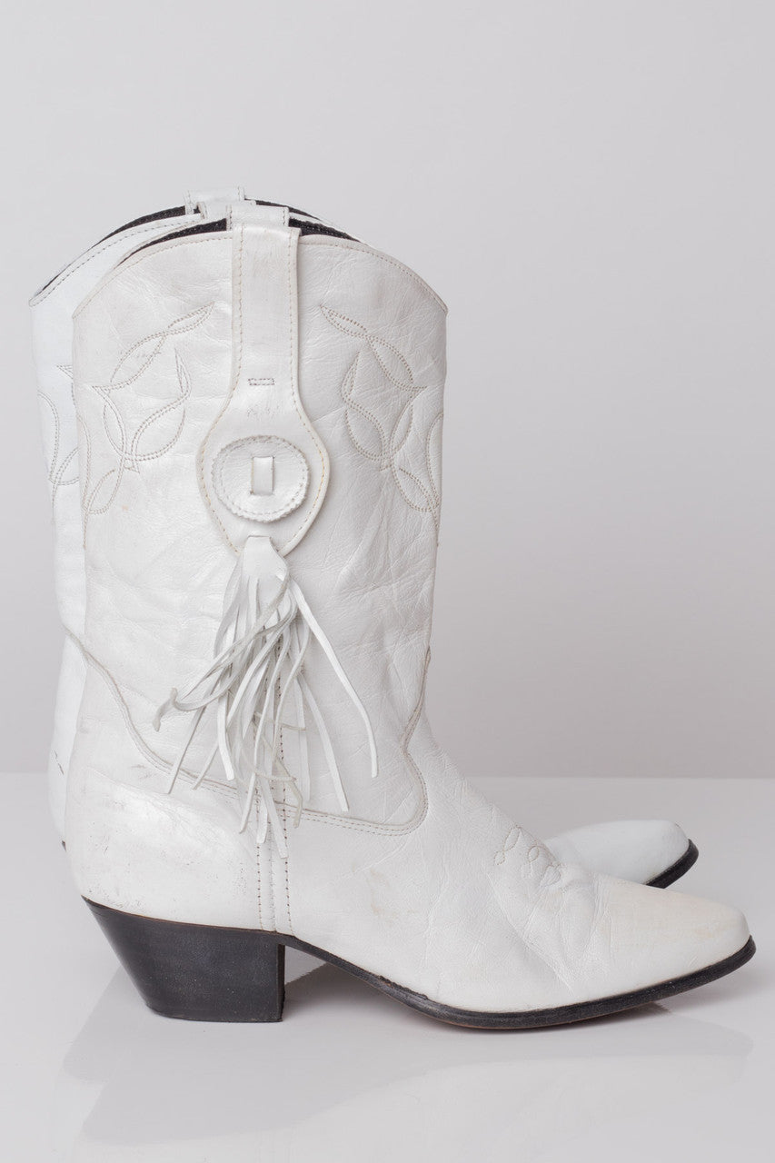 White Leather Vintage Cowboy Boots (7 M)
