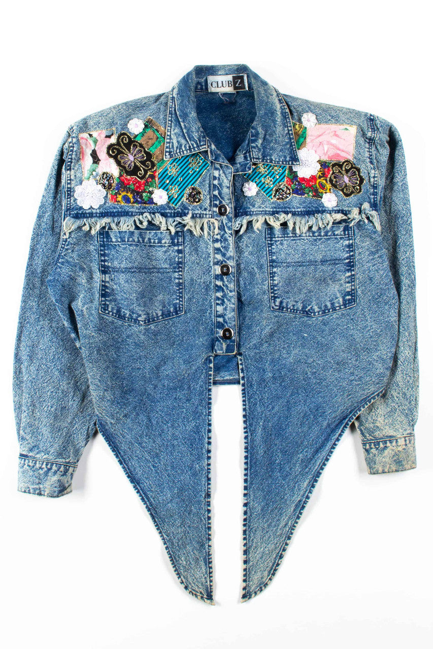 Vintage Cropped Tie Front Embellished Denim Jacket