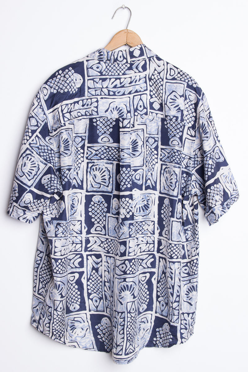 GOOUCH All-over Print Short Sleeve Silk Shirt, Men's M Size silk black type Vintage Second Hand