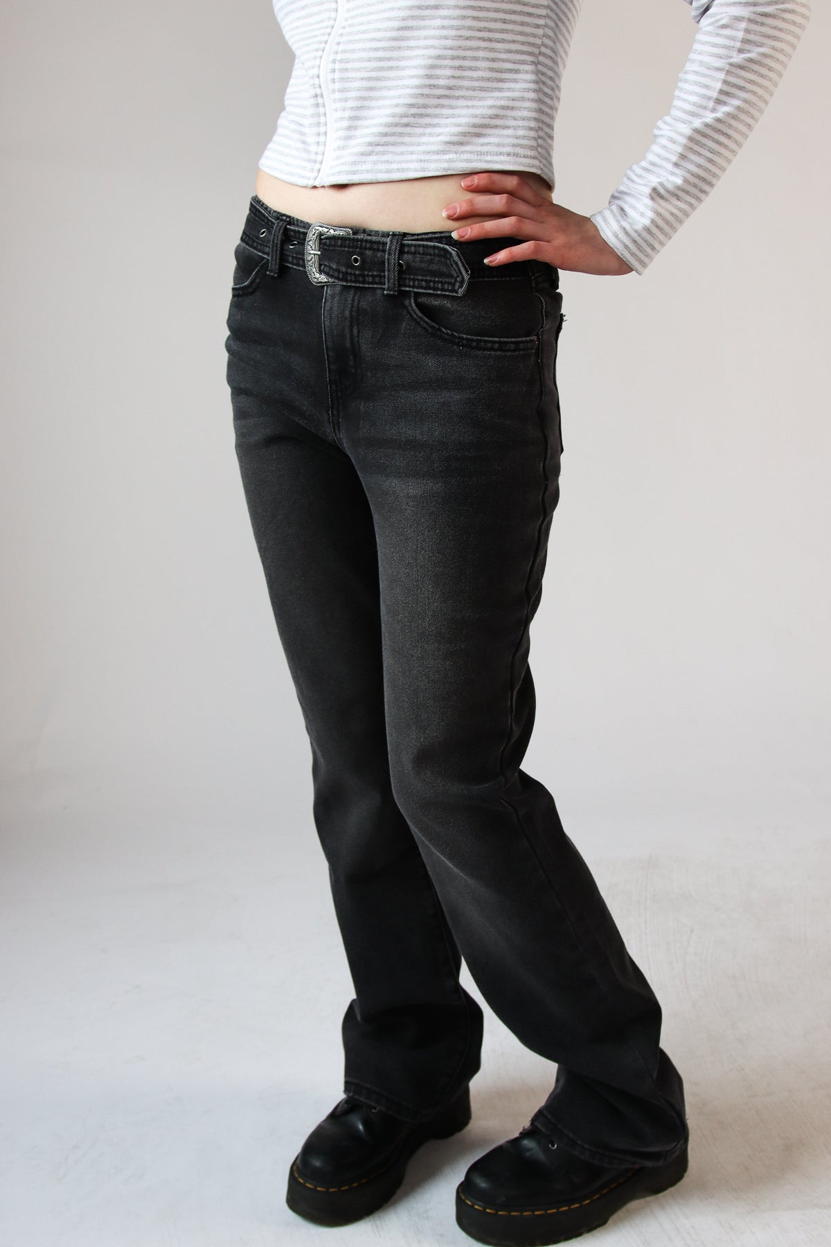 Western Belted Flare Jeans Black