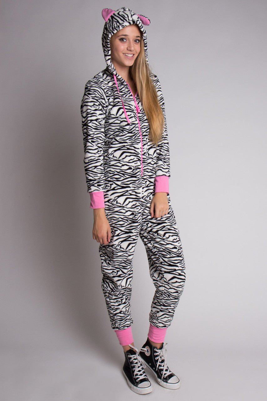 White, Black, and Pink Zebra Onesie Pajamas