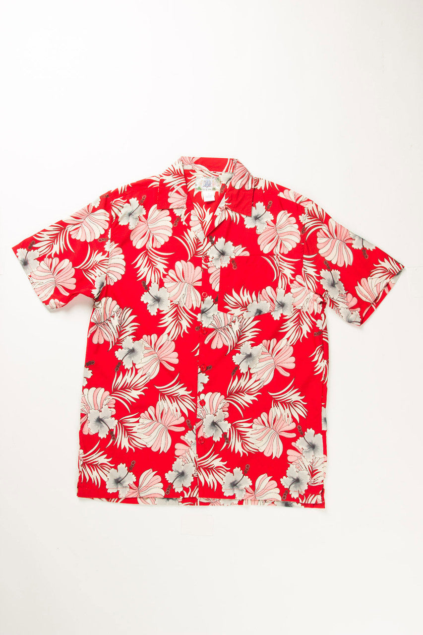 Red & White Hibiscus Flower Print Hawaiian Shirt