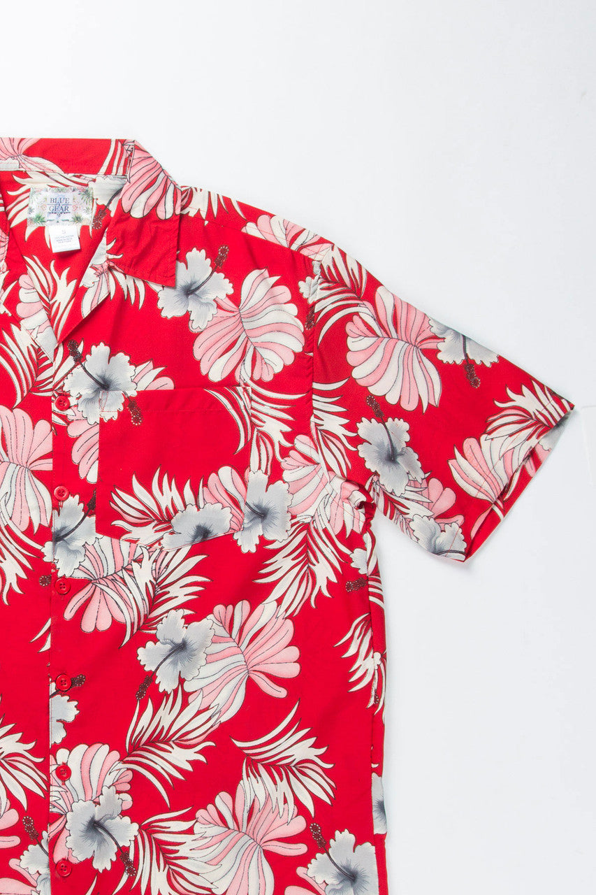 Red & White Hibiscus Flower Print Hawaiian Shirt