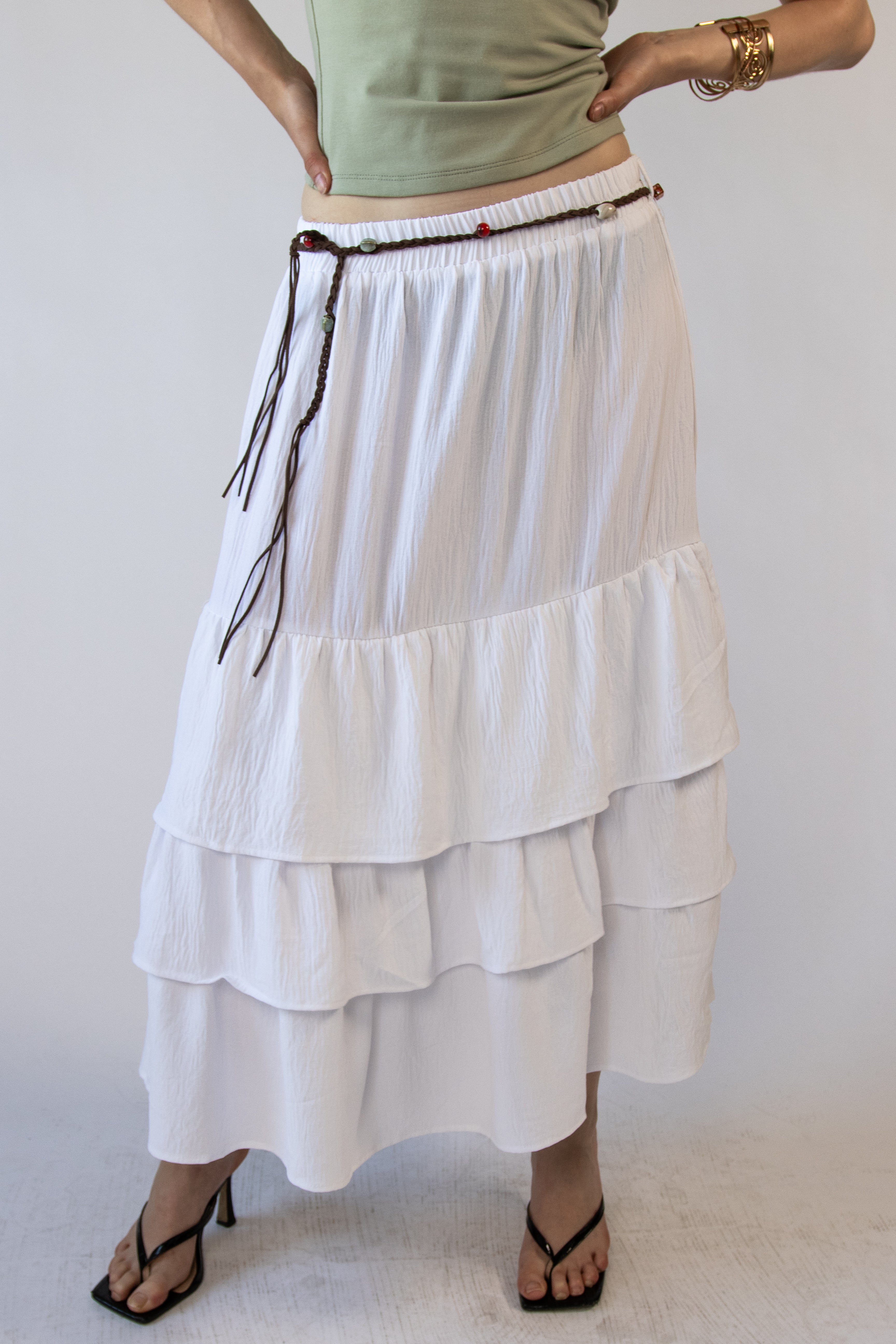 Braided Beaded Belt Tiered Maxi Skirt