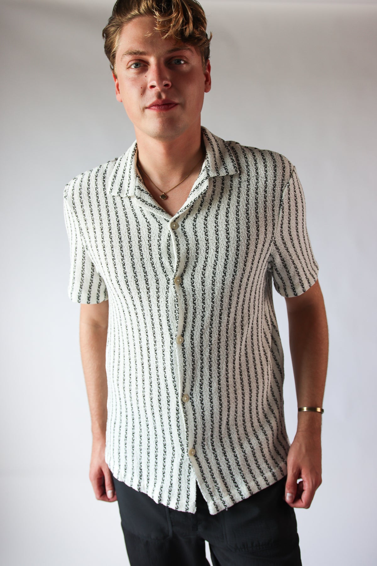 Natural Striped Woven Button Up Shirt