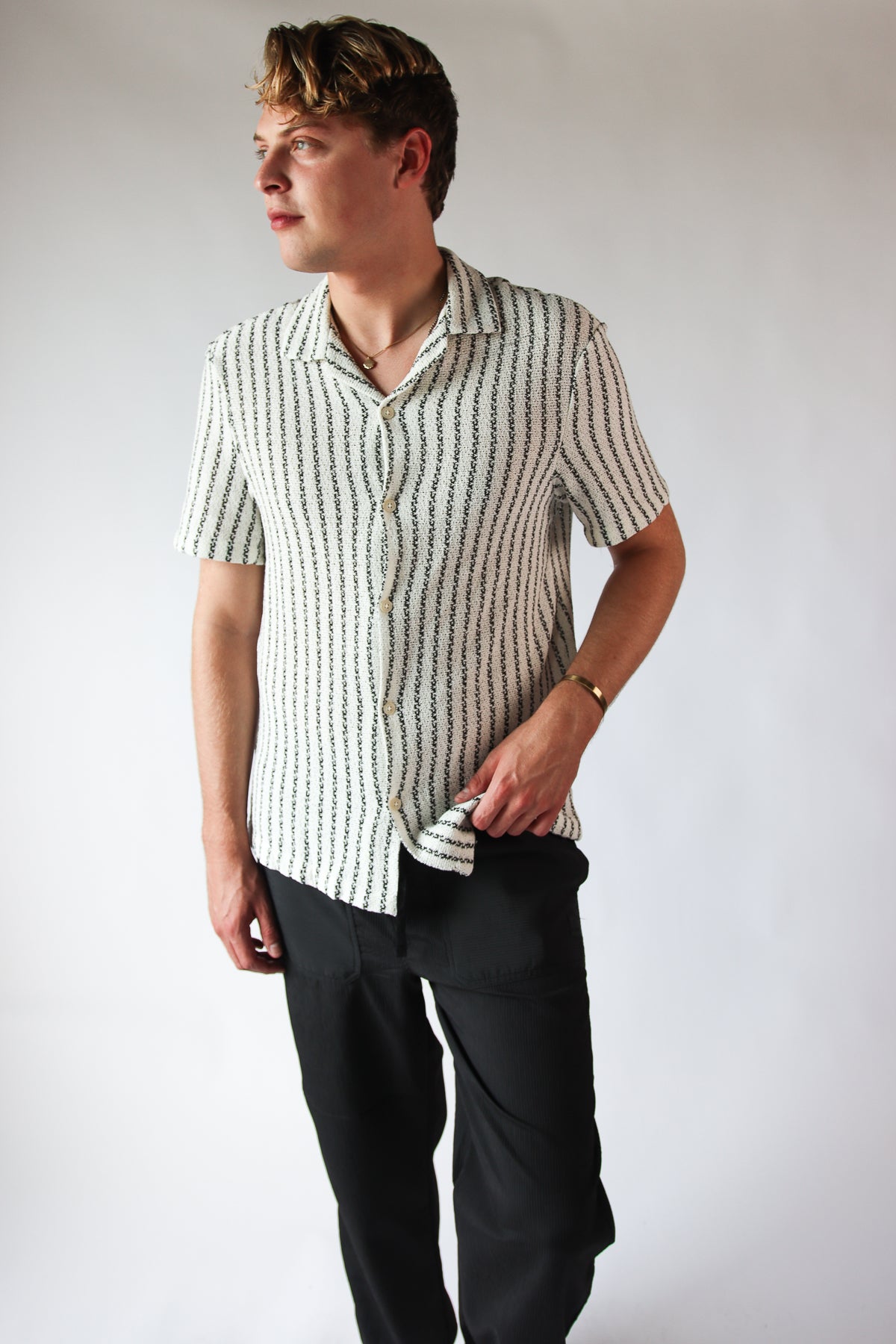 Natural Striped Woven Button Up Shirt