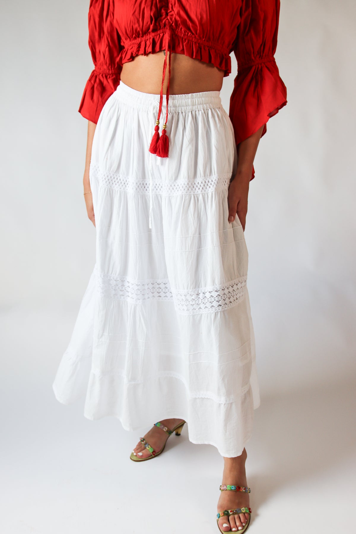 White Crochet Trim Maxi Skirt
