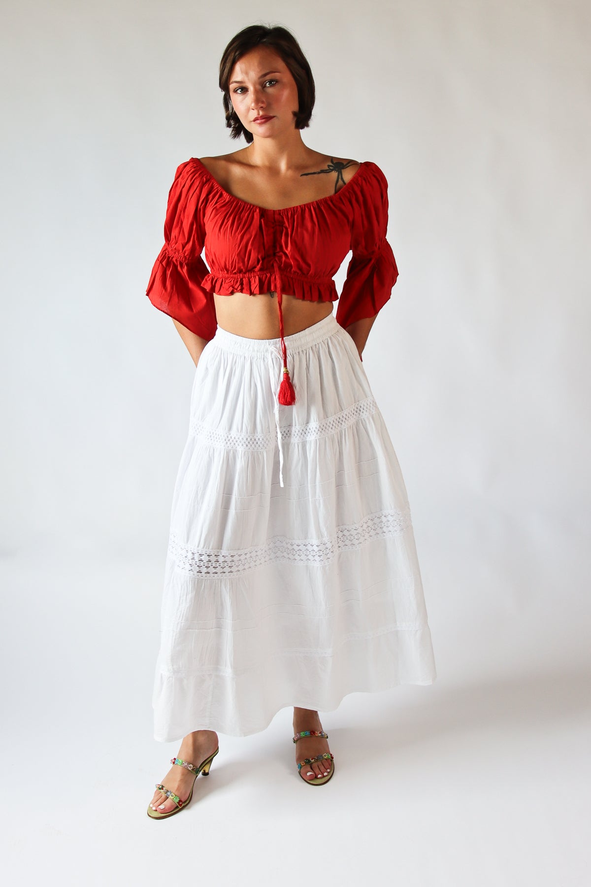 White Crochet Trim Maxi Skirt