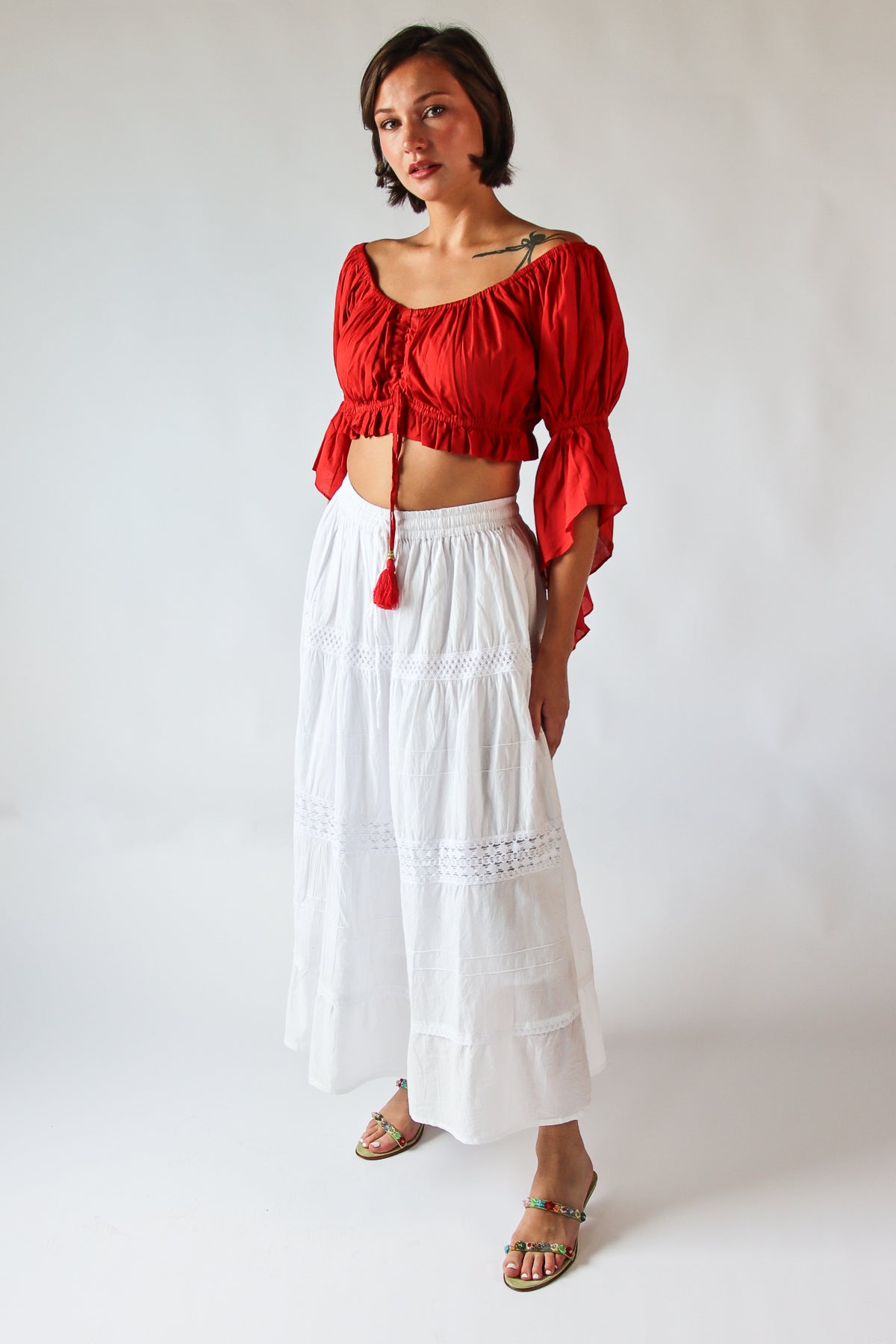 White Crochet Trim Maxi Skirt