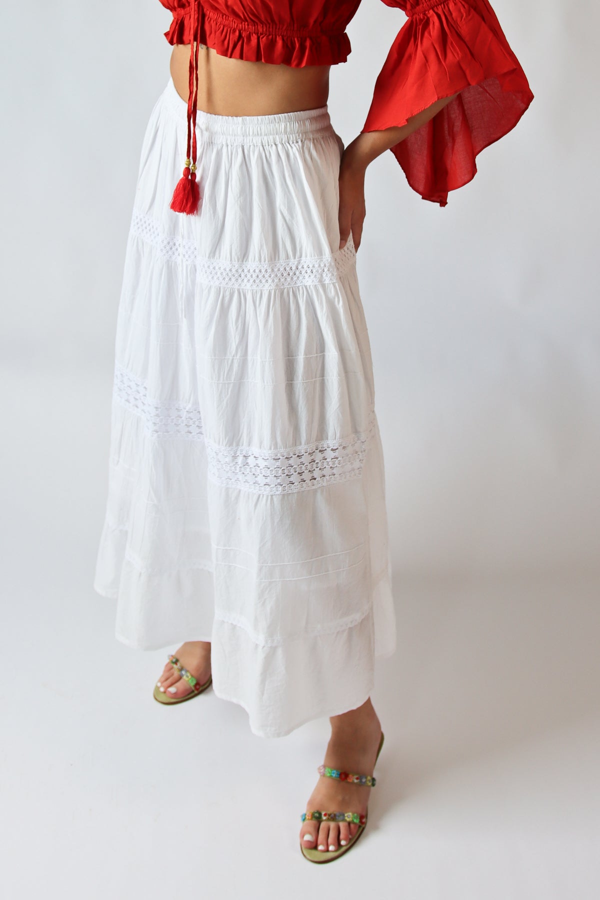 White Crochet Trim Maxi Skirt