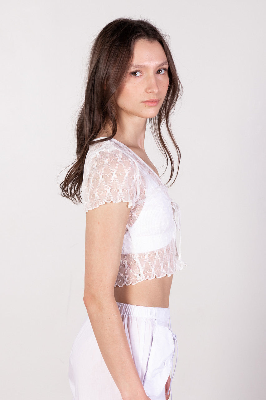 White Diamond Mesh Lace Up Top