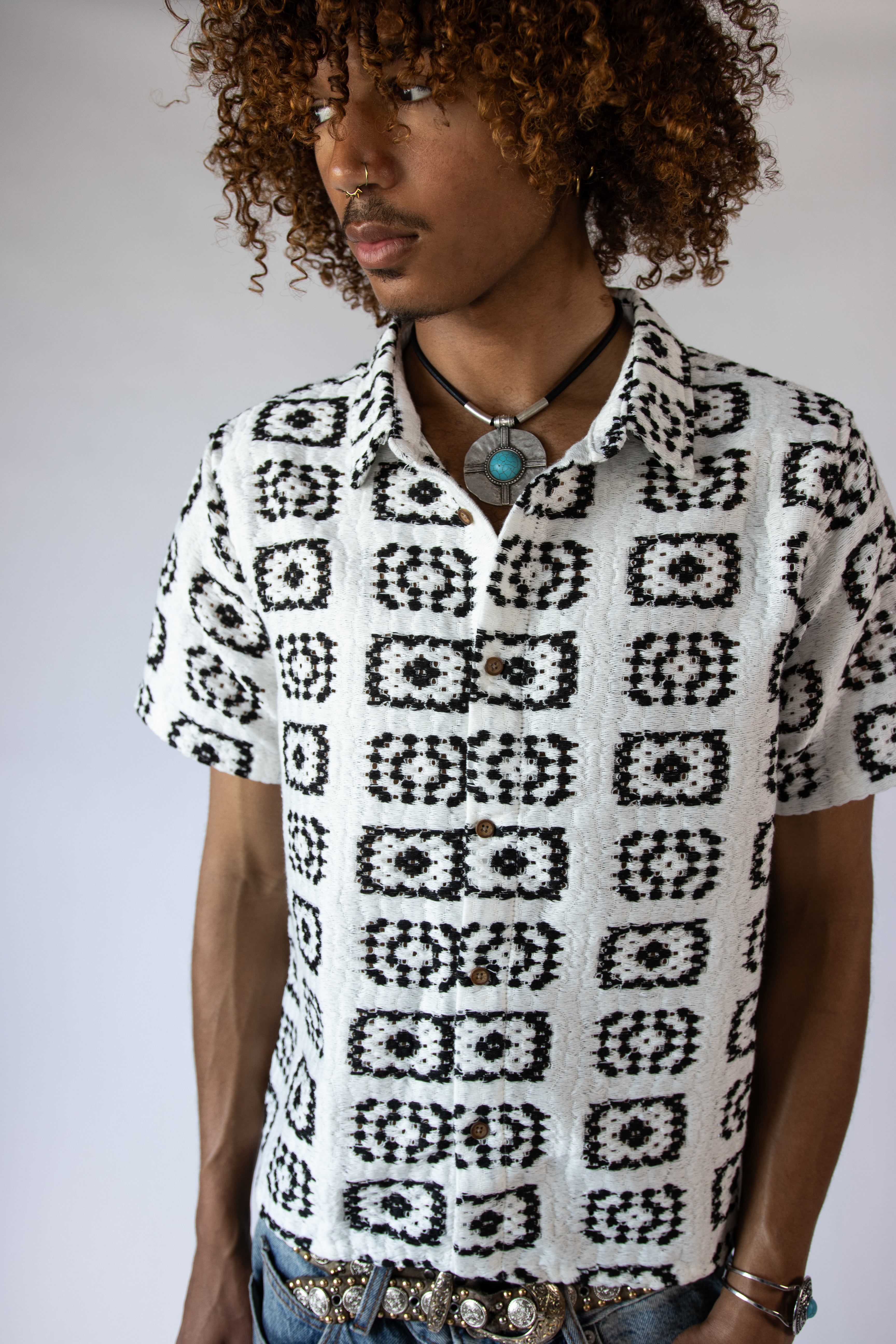 Woven Granny Square Print Button Up Shirt