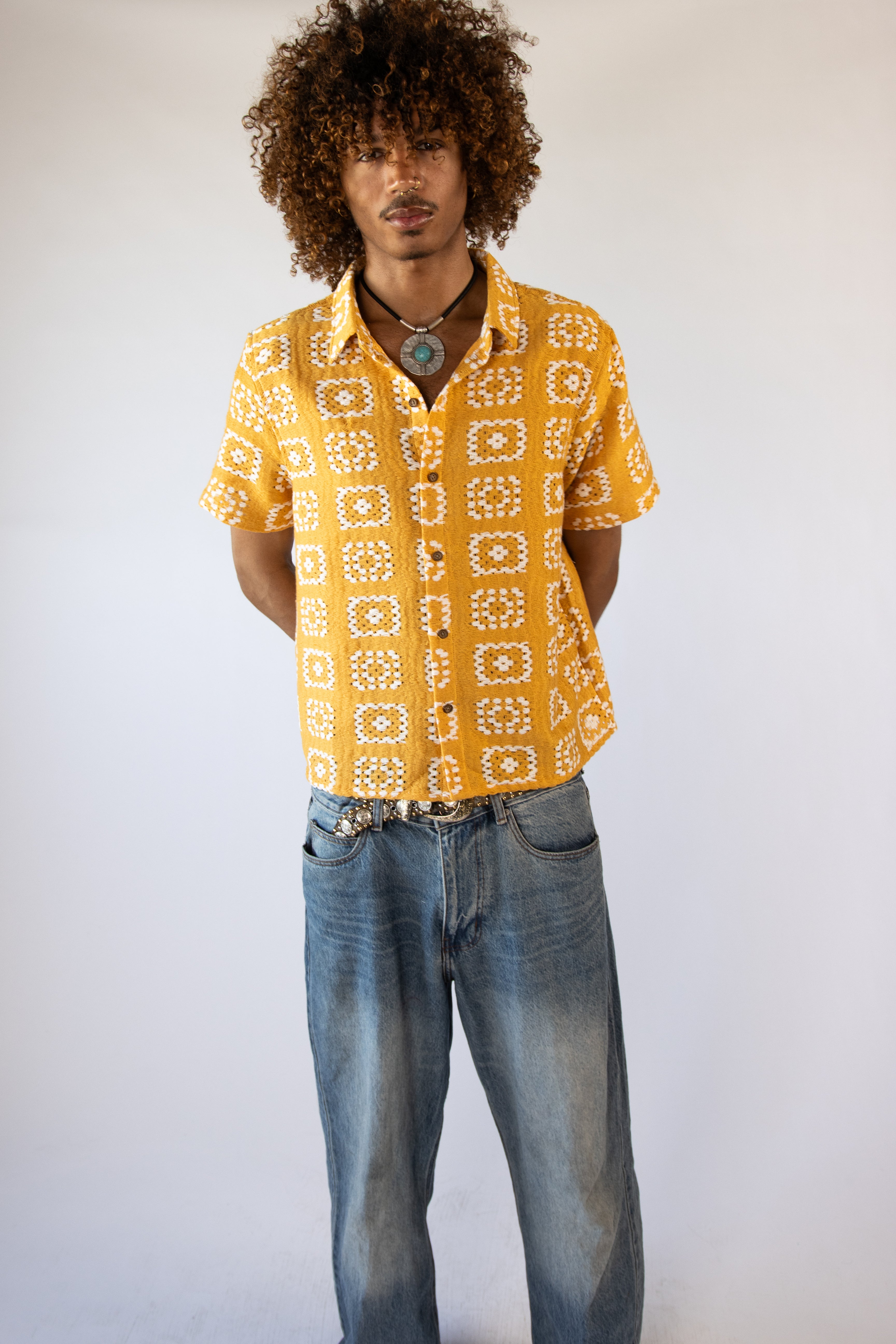 Woven Granny Square Print Button Up Shirt