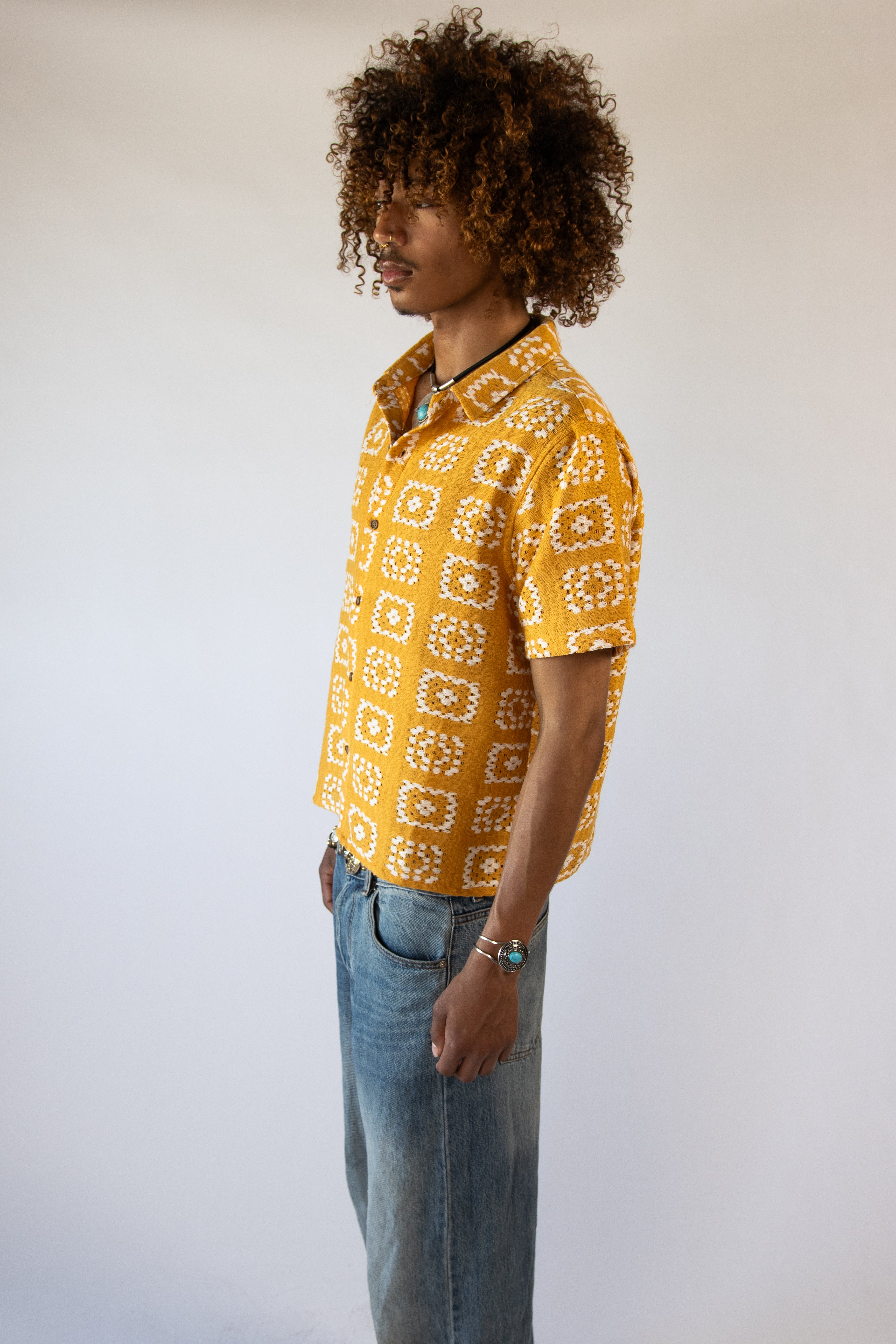 Woven Granny Square Print Button Up Shirt