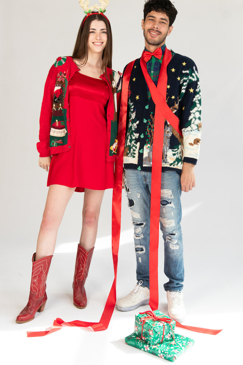 Hand Knit Christmas Night Fireplace Scene Ugly Christmas Cardigan 61456