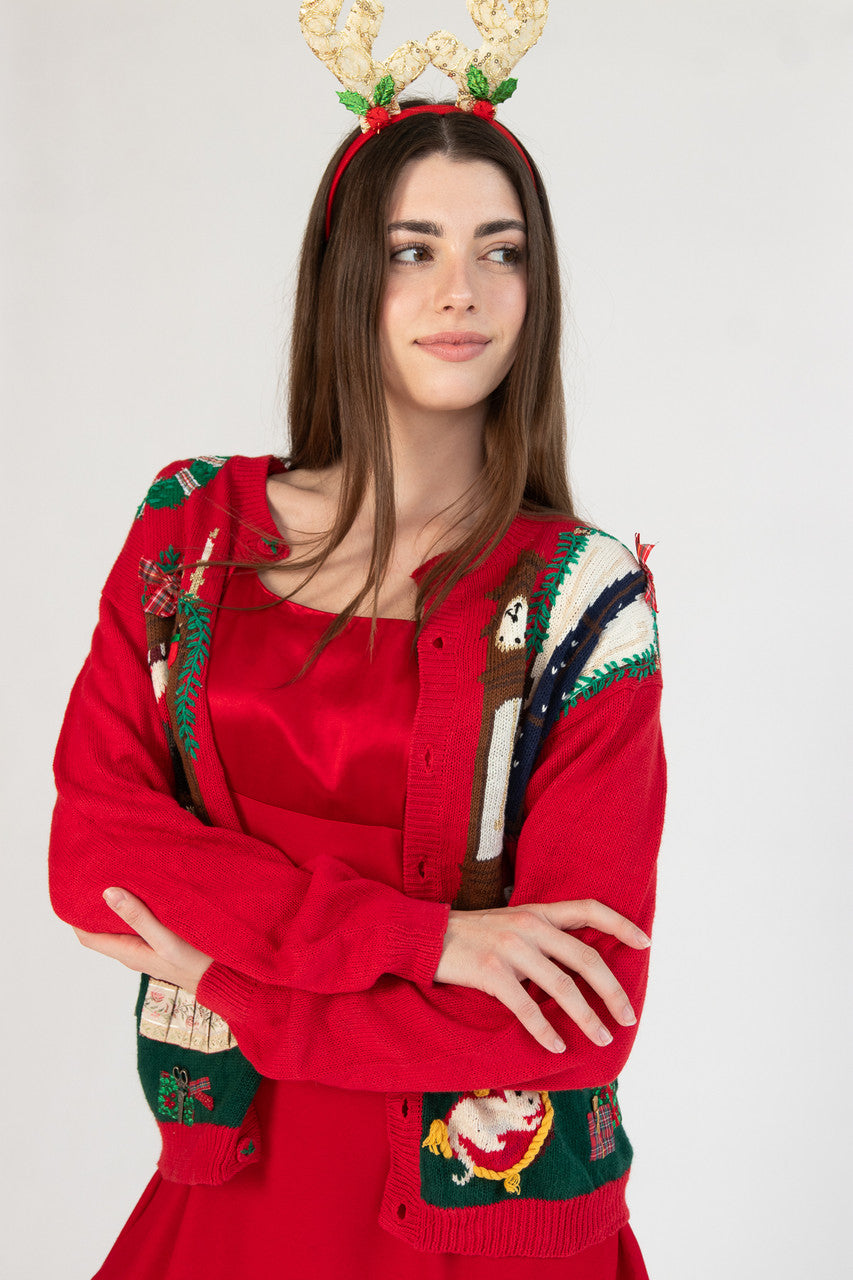 Hand Knit Christmas Night Fireplace Scene Ugly Christmas Cardigan 61456