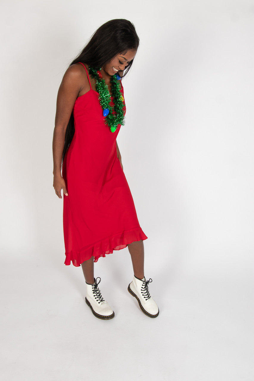 Red Chiffon Ruffle Evening Dress