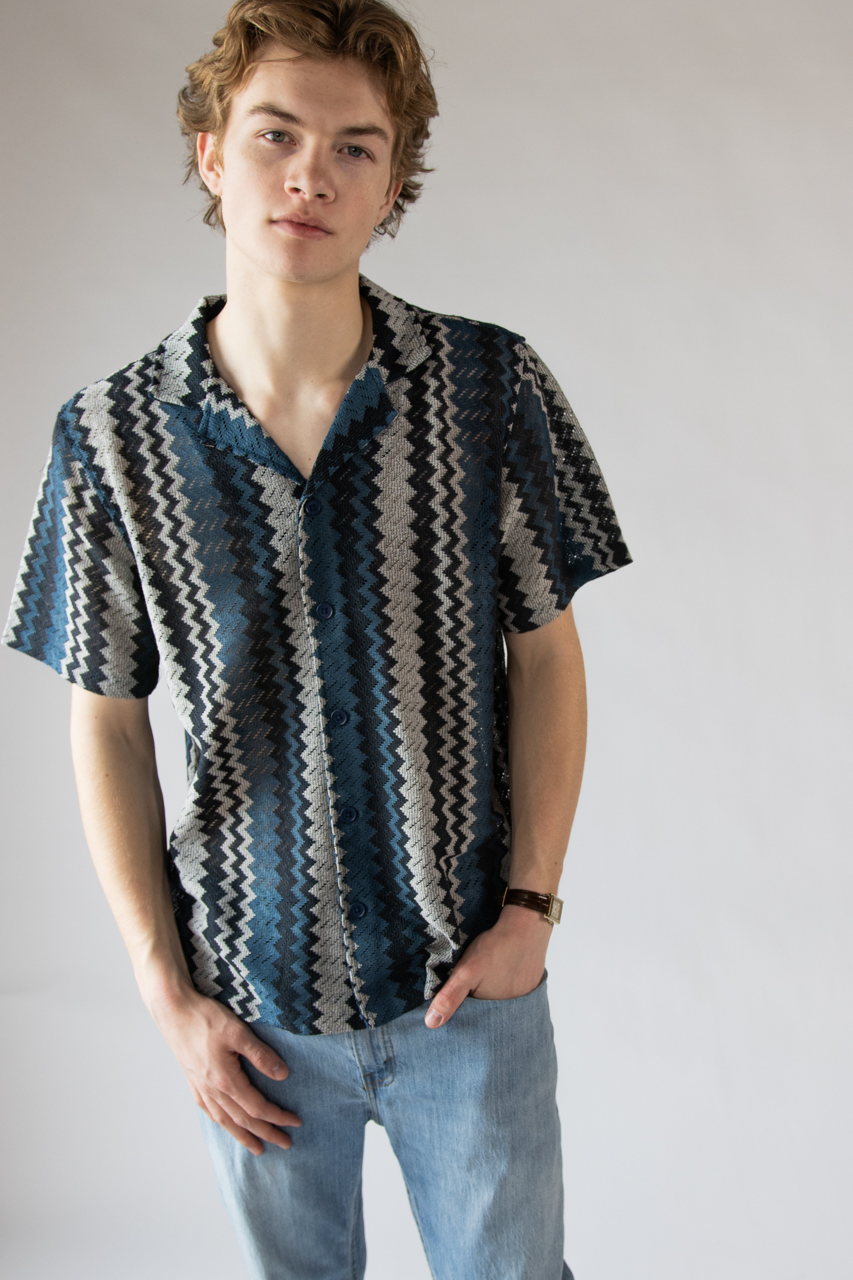 Chevron Striped Woven Button Up Shirt