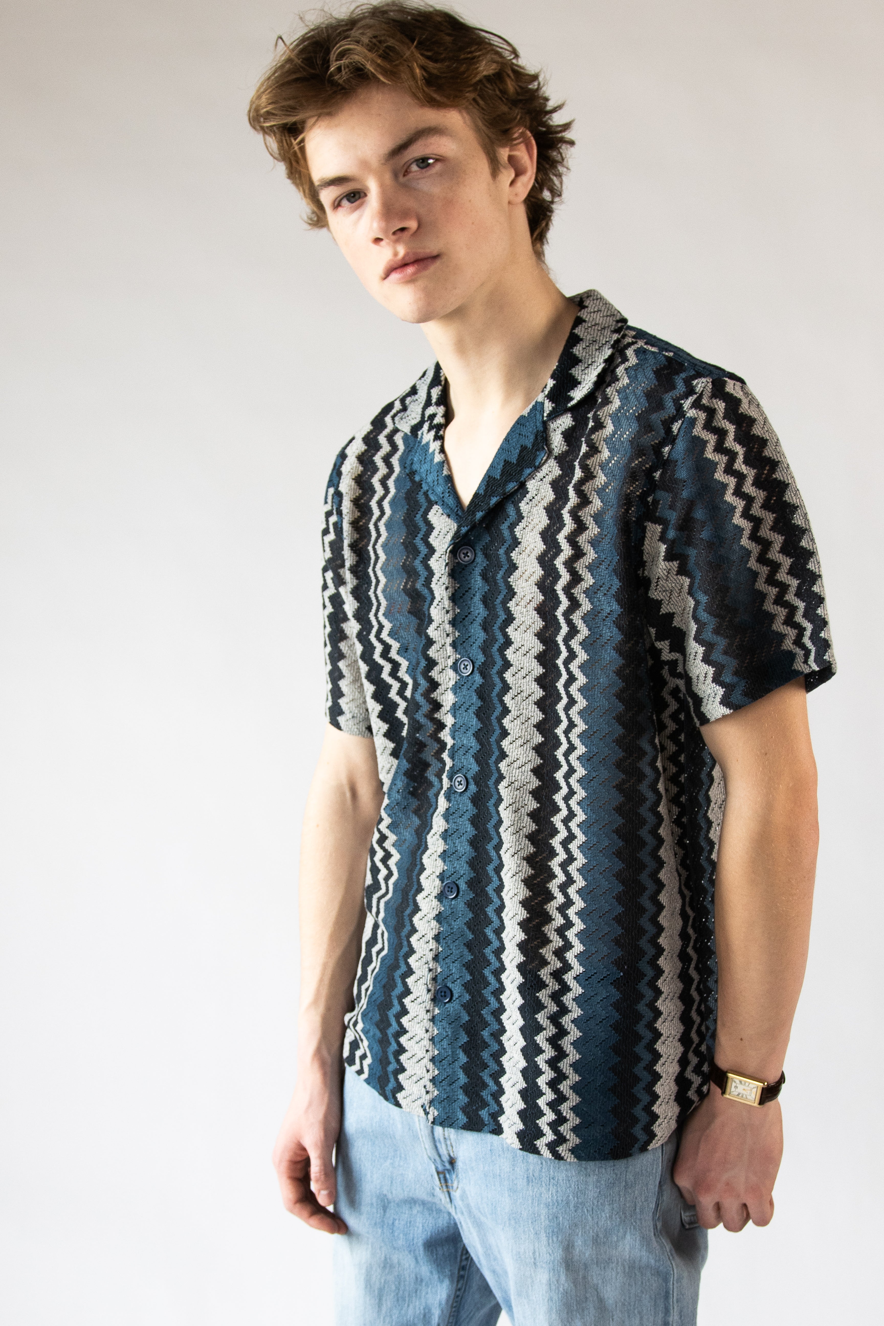 Chevron Striped Woven Button Up Shirt