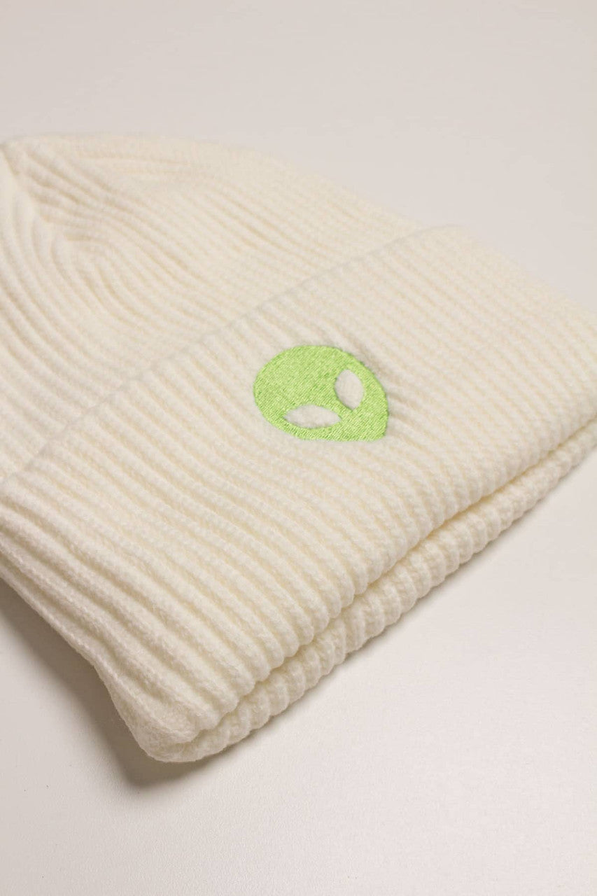 Alien Embroidered Ivory Beanie