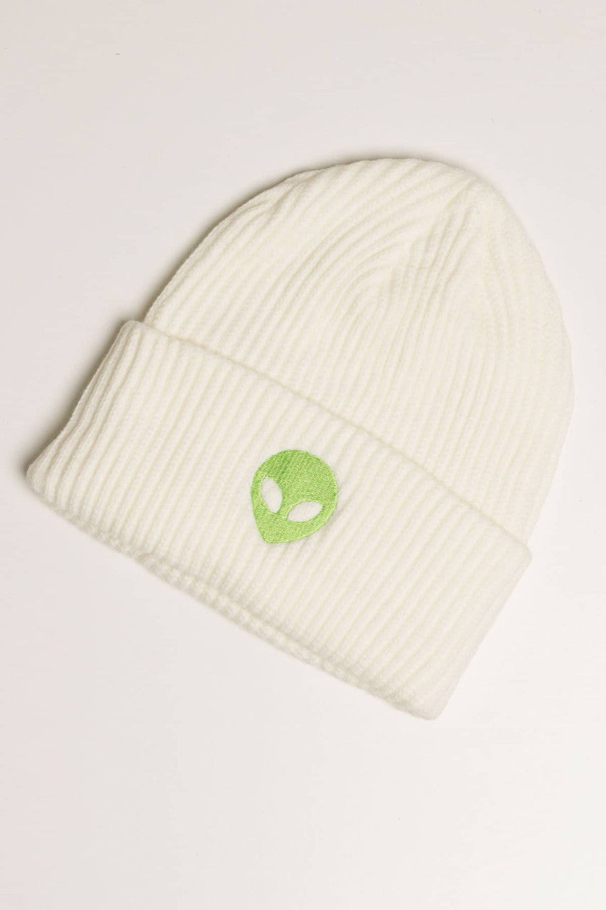 Alien Embroidered Ivory Beanie