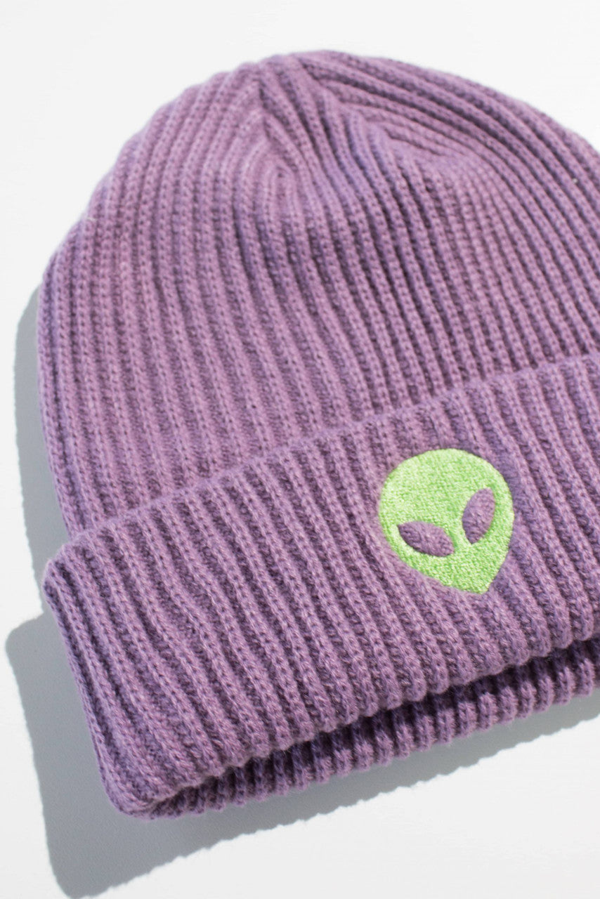 Alien Embroidered Purple Beanie