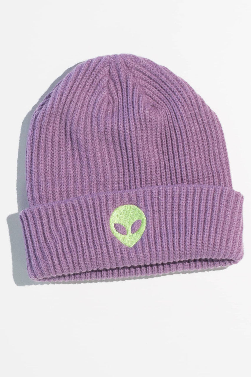 Alien Embroidered Purple Beanie