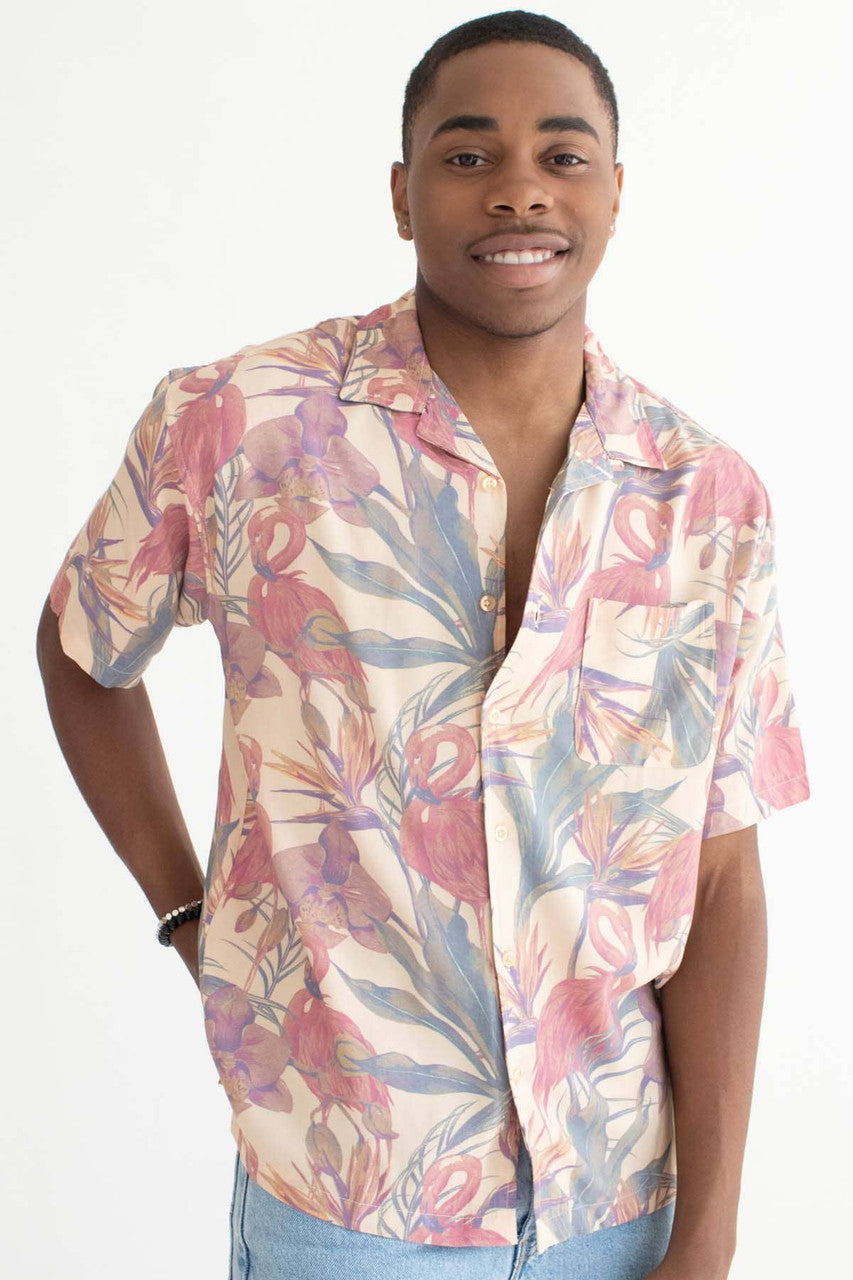 Apricot Orchid Flamingo Print Hawaiian Shirt