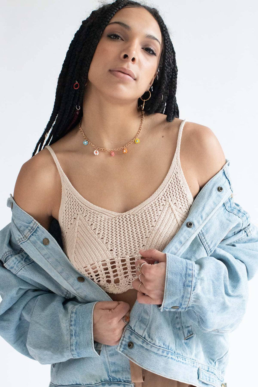 Beige Net Knit Crop Cami