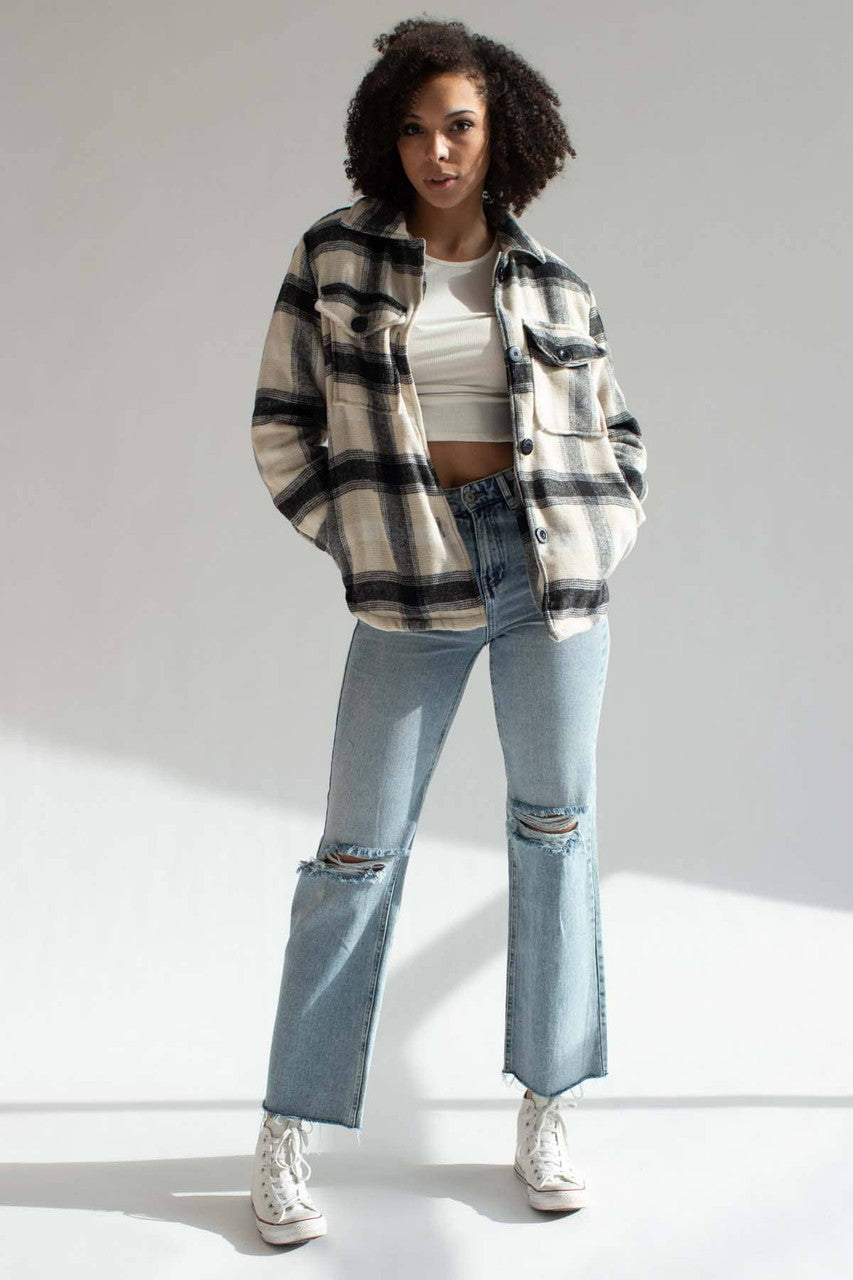 Beige & Black Plaid Lined Shacket