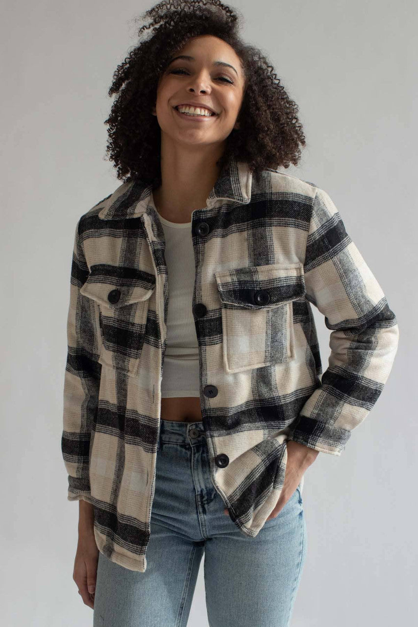 Beige & Black Plaid Lined Shacket