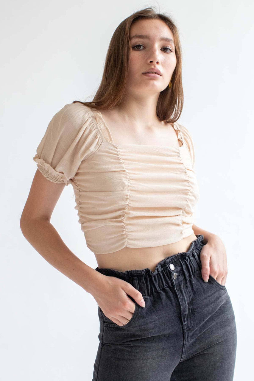 Beige Puff Sleeve Ruched Top