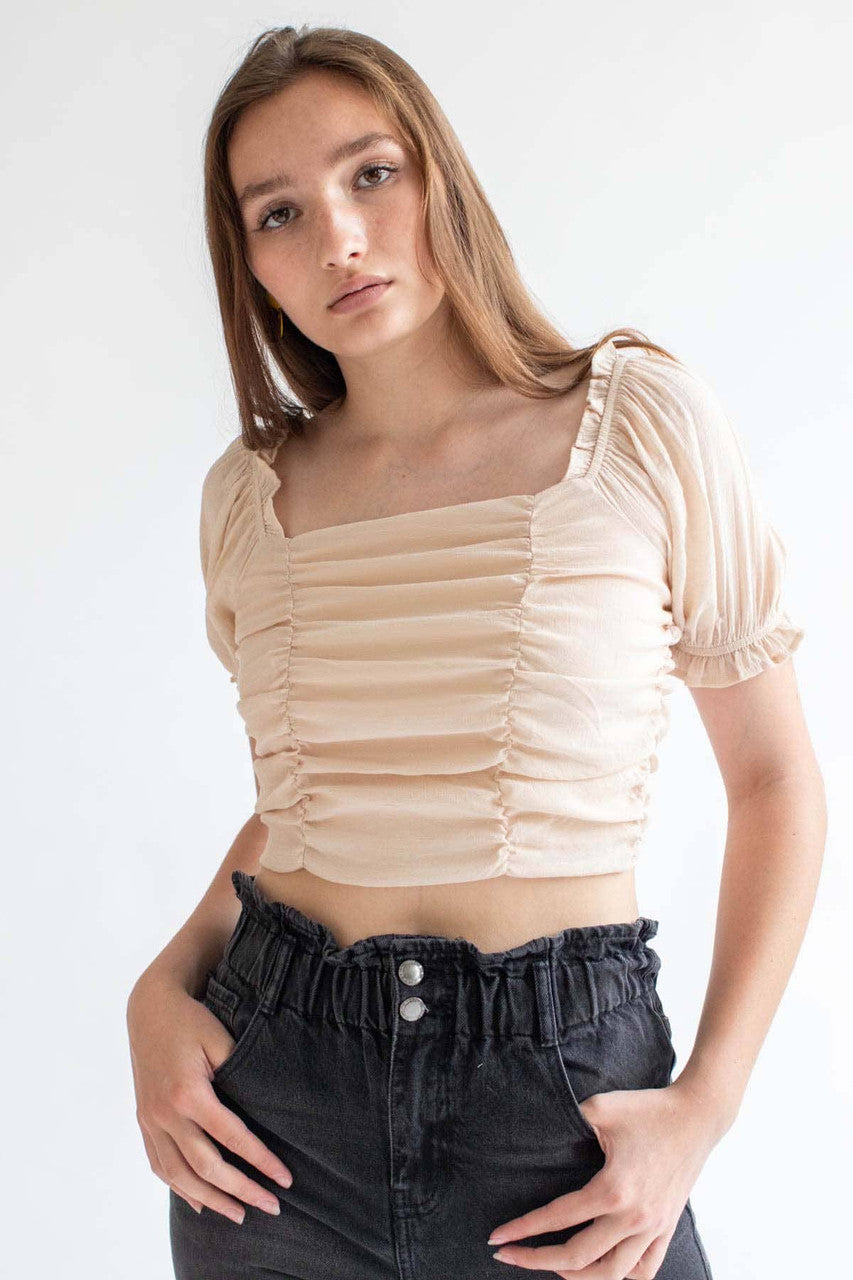 Beige Puff Sleeve Ruched Top