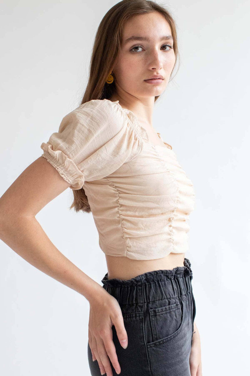 Beige Puff Sleeve Ruched Top