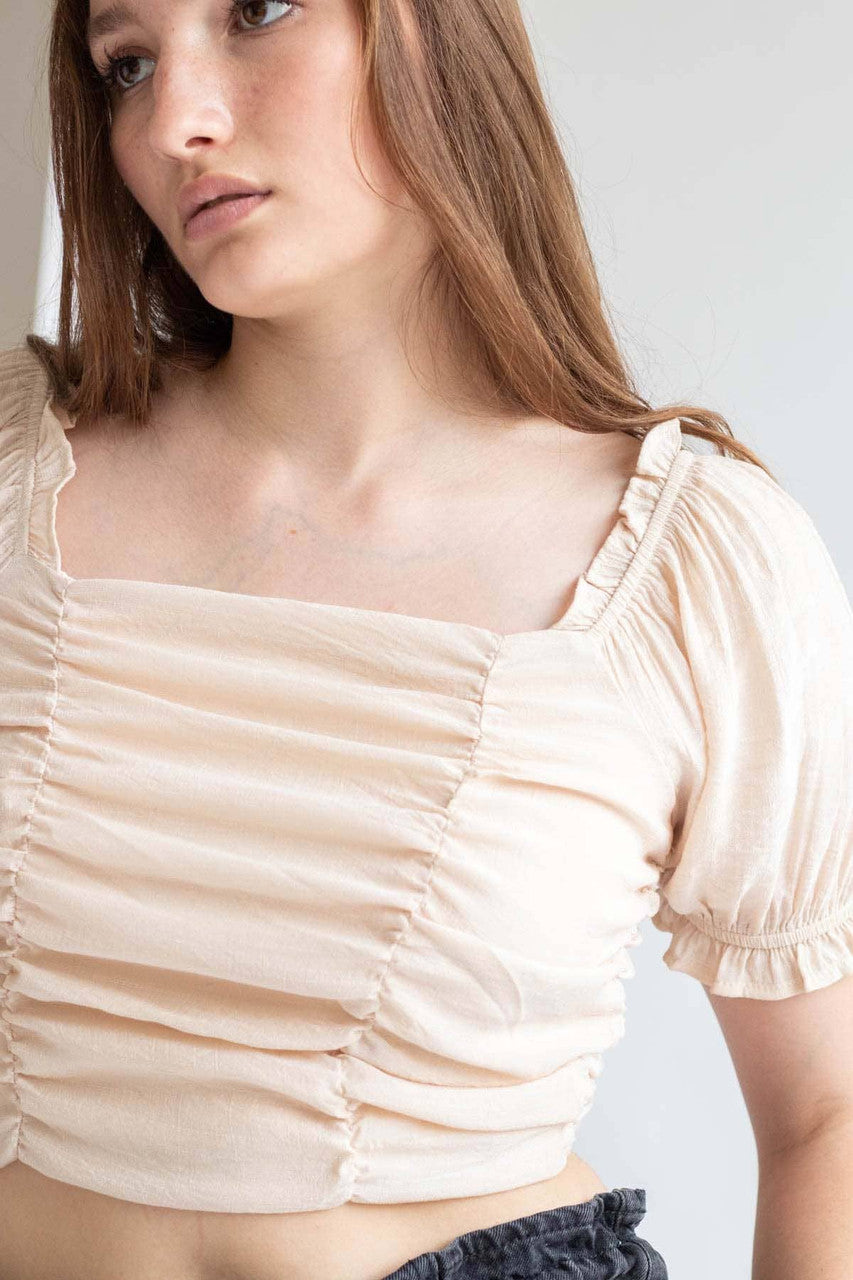 Beige Puff Sleeve Ruched Top