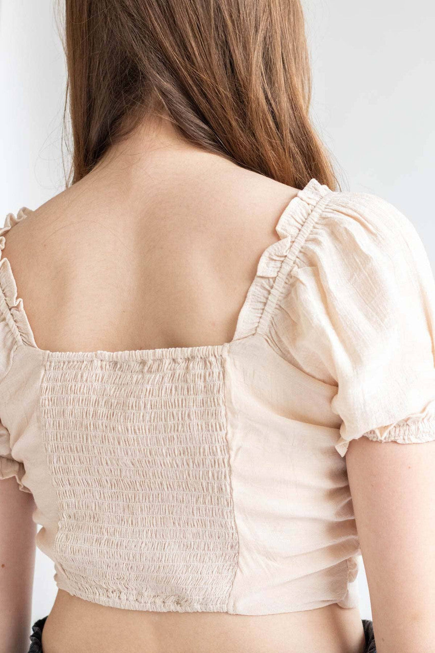 Beige Puff Sleeve Ruched Top