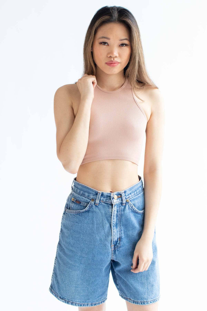 Beige Ribbed Seamless High Neck Crop Top