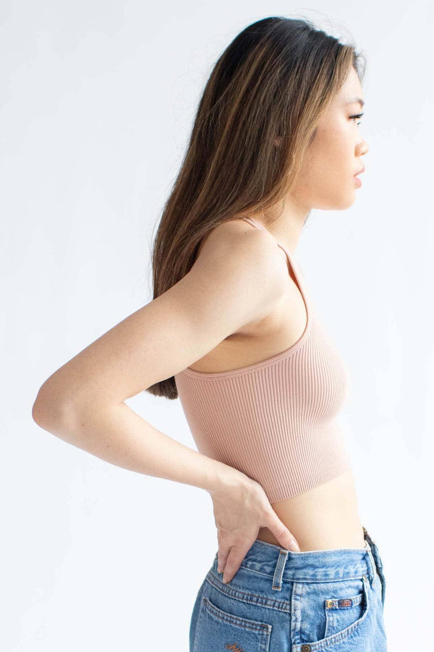 Beige Ribbed Seamless High Neck Crop Top