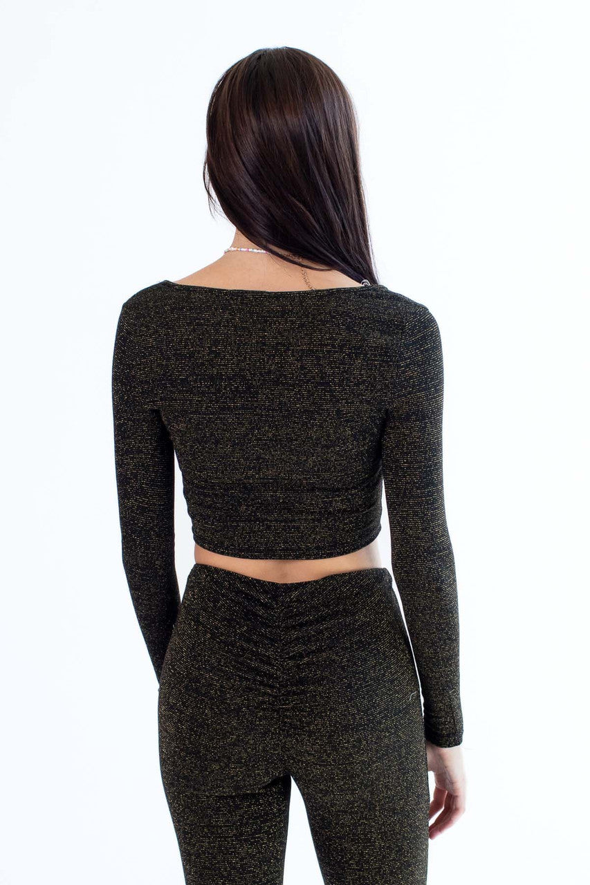 Black & Gold Thread Ruched Crop Top