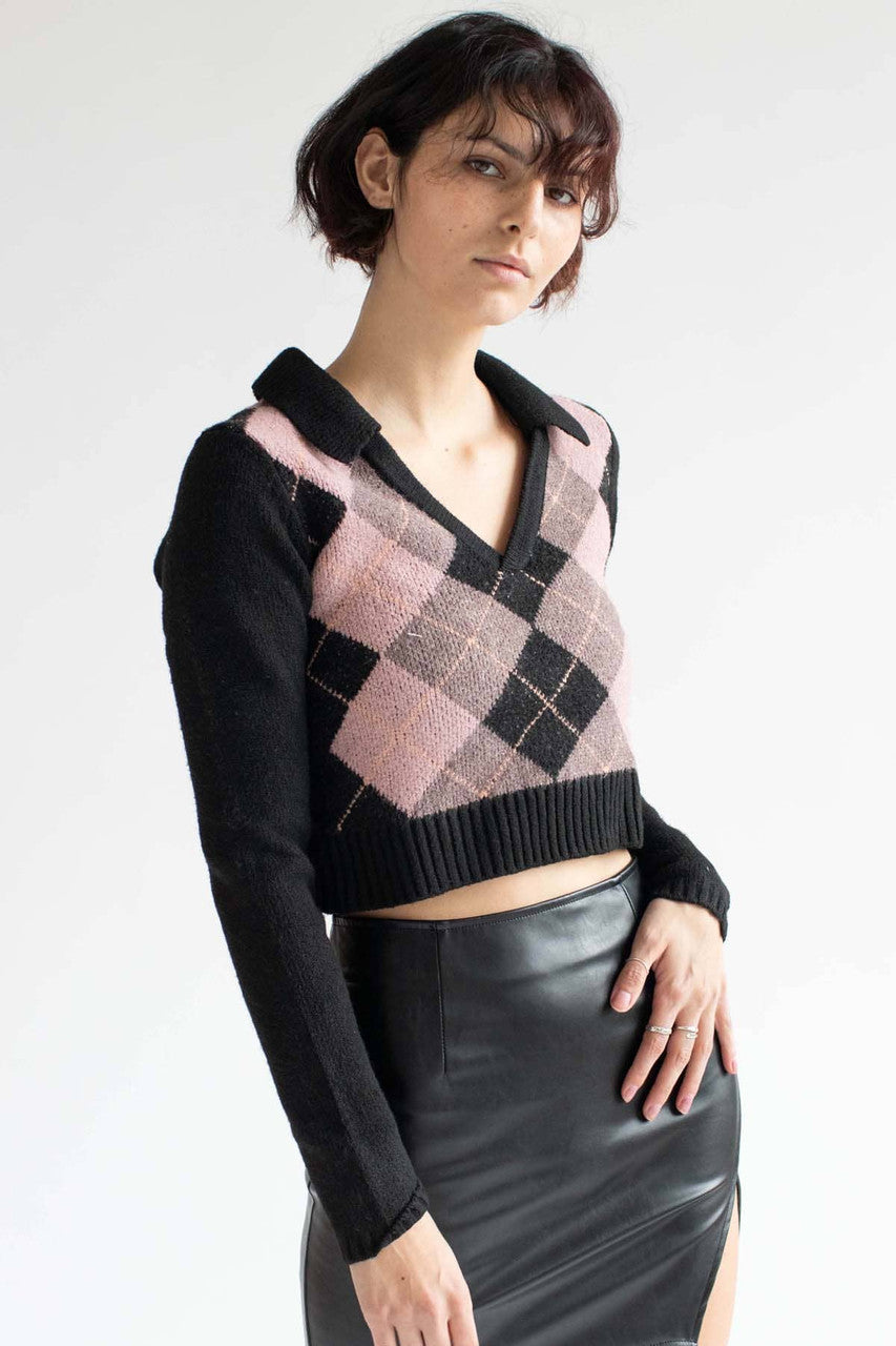 Black Argyle Collared Sweater