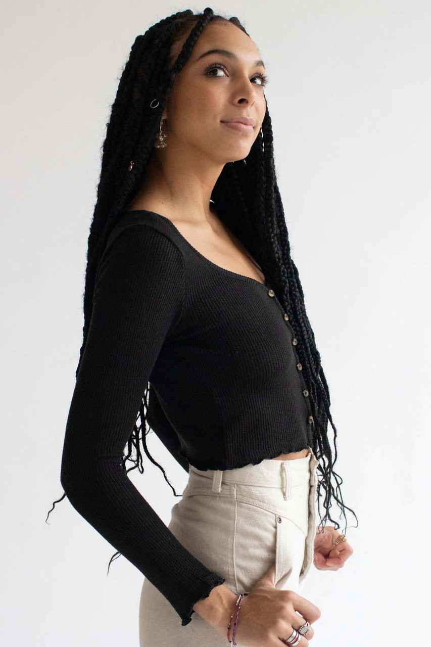 Black Brushed Thermal Button Up Top