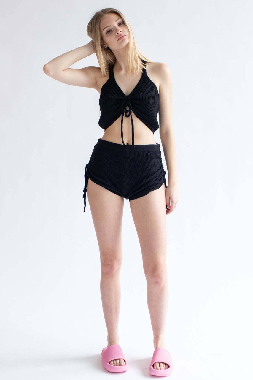 Black Cinched Knit Cami & Shorts Set