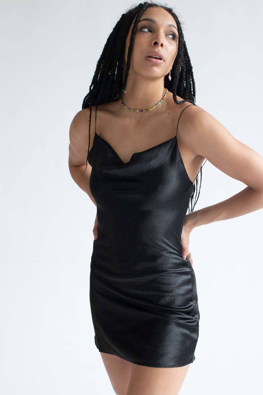Black Cowl Neck Satin Slip Dress