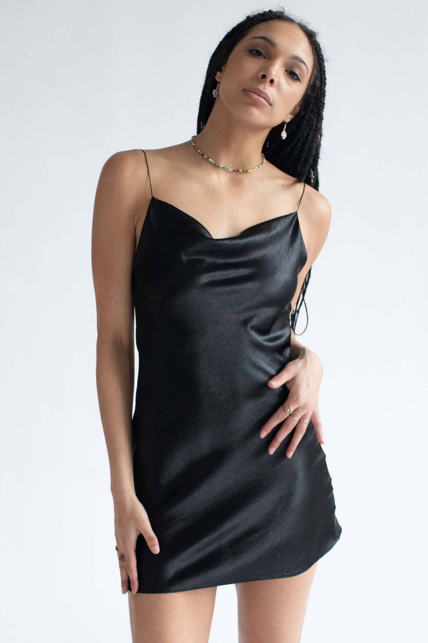 Black Cowl Neck Satin Slip Dress