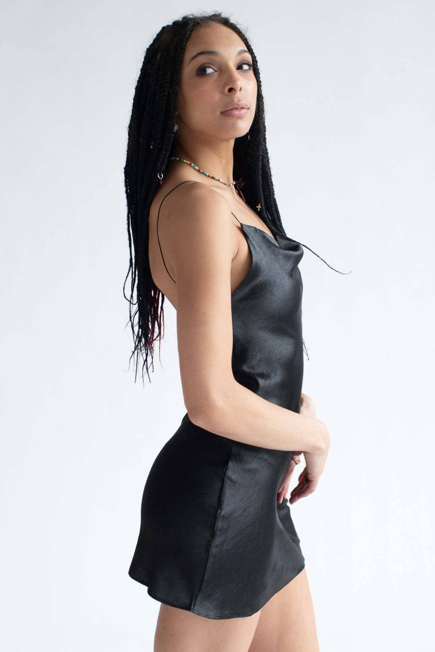 Black Cowl Neck Satin Slip Dress
