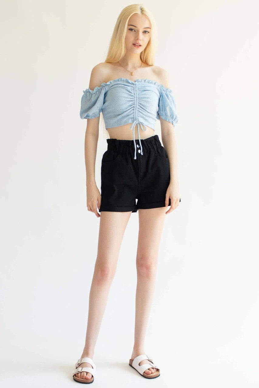 Black Cuffed Paper Bag Waist Denim Shorts