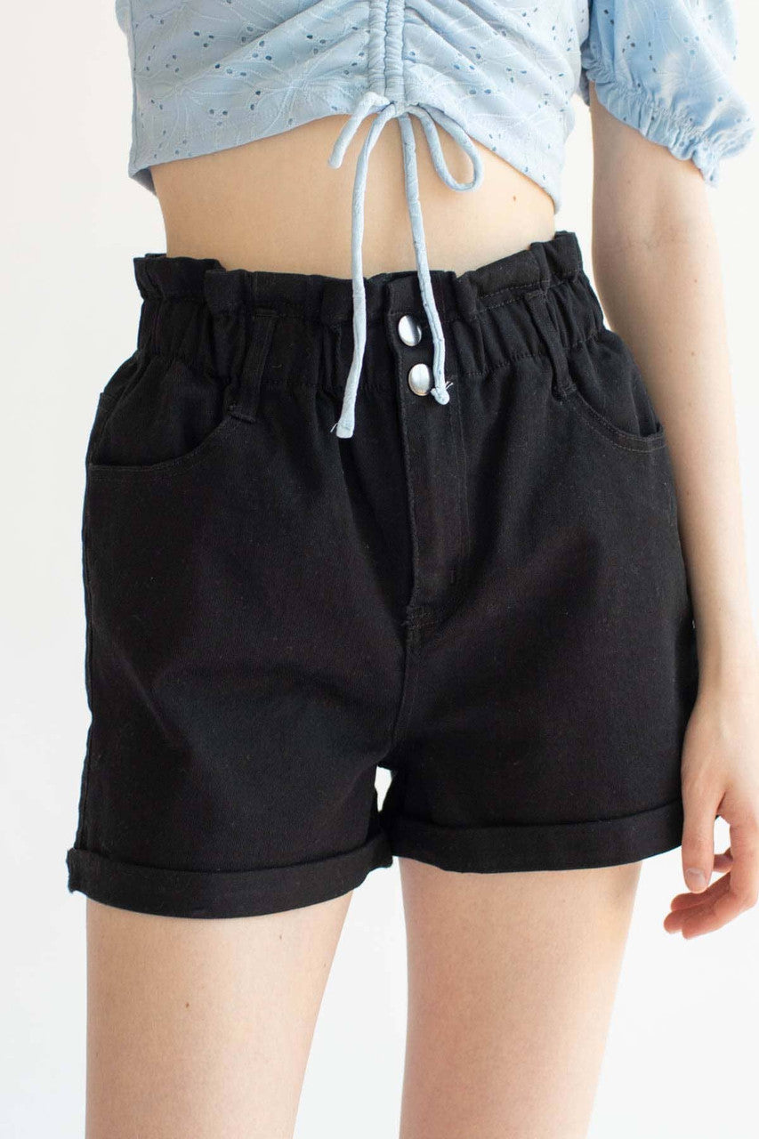 Black Cuffed Paper Bag Waist Denim Shorts