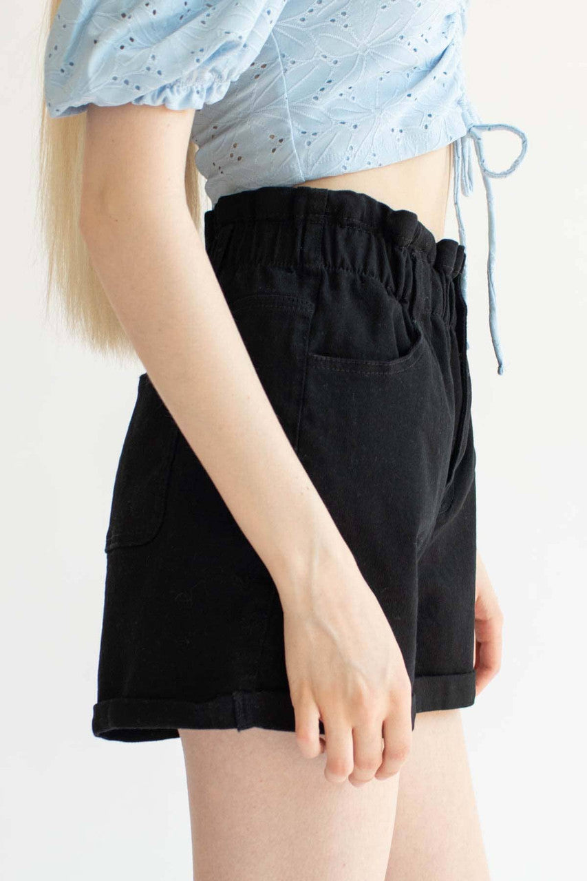 Black Cuffed Paper Bag Waist Denim Shorts
